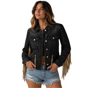 Fringe Denim Jacket Western Cowgirl Festival Black Cropped Jean Jacket NWT Small